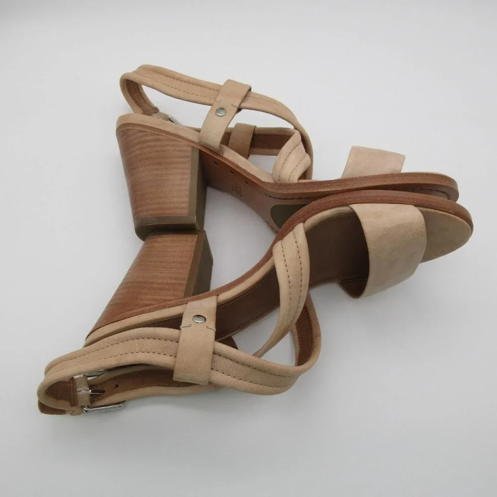 FRYE women's Dani cream leather cross strap‎ stacked heel sandals 10